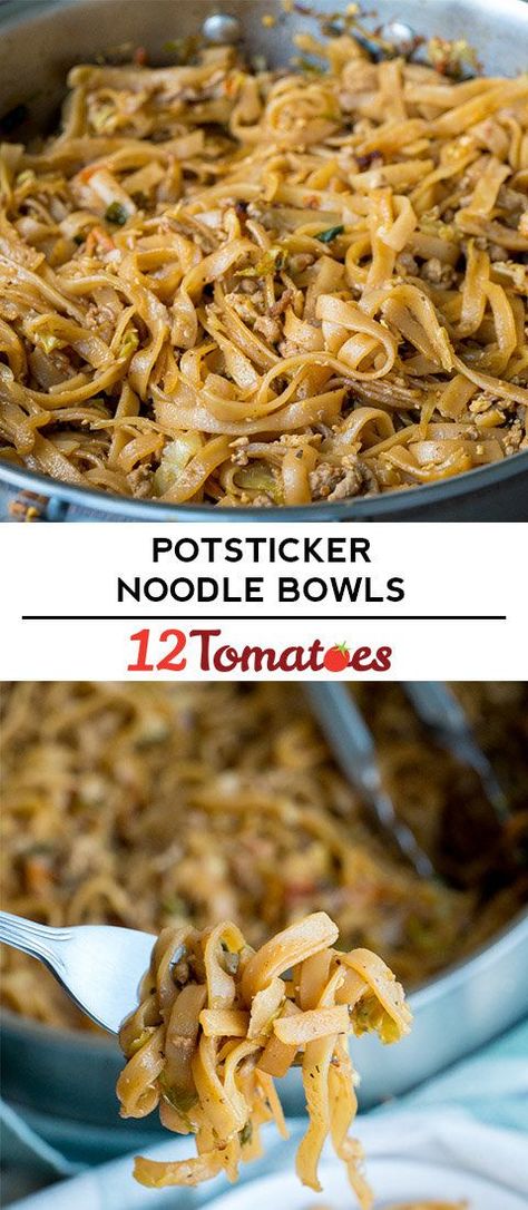 12 Tomatoes Potsticker Noodle Bowls, Pot Sticker Bowl Recipe, Potsticker Rice Bowl, Ground Turkey Rice Noodle Recipes, Ground Chicken Rice Noodles, Pork Fried Noodles, Pot Sticker Noodles, Ground Turkey Rice Noodles, Pot Sticker Bowl