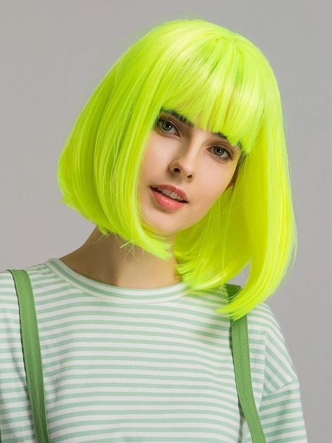 Neon Green Bob Wig With Bangs | SHEIN USA Neon Wig, Pink Bob, Real Wigs, Stylish Short Hair, Neon Hair, Short Hair Wigs, Green Neon, Straight Bob, Hair Color Pink