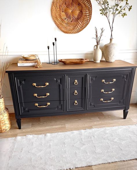 Wood Top Painted Dresser, Moody Dresser Makeover, Black Furniture Wood Top, Black And Natural Wood Furniture, Black Dresser Ideas, Dark Dresser Makeover, Black And Brown Furniture, Dresser Makeover Black And Wood, Stained Top Painted Bottom Furniture