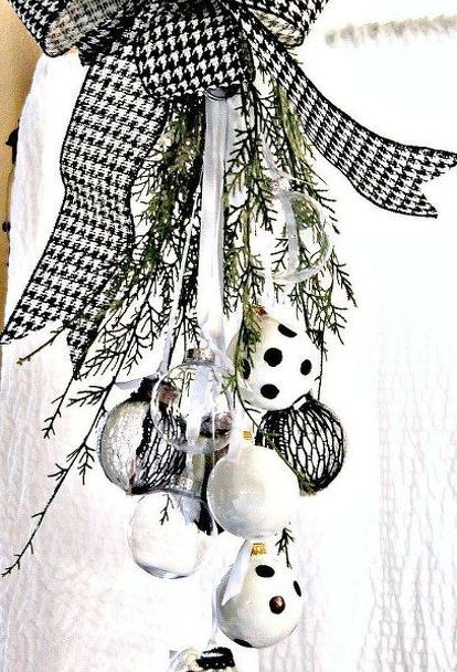 christmas black and white ornament swag, christmas decorations, crafts, seasonal holiday decor Christmas Black And White, Handcrafted Christmas Ornaments, Black White Christmas, Black Christmas Trees, Christmas Door Wreaths, White Ornaments, White Christmas Decor, Christmas Black, Christmas Pendant