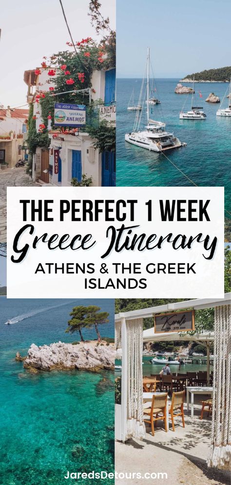 If you're heading to Greece and want to check out some hidden Greek Islands, this is the Greece travel itinerary for you! Our Greece itinerary covers Athens and some lesser-known yet beautiful islands like Skiathos, Skopelos, Loutraki, and Glossa. Click through now to plan your Greece travel, one of the best Europe destinations. One Week Greece Itinerary, One Week In Greece, Greece Travel Itinerary, Greek Islands Vacation, Greece Itinerary, Greece Trip, Greek Travel, Greece Travel Guide, Skiathos