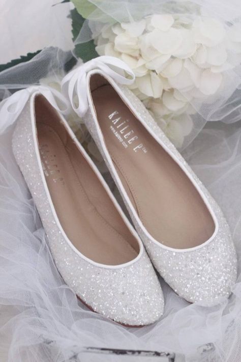 rounded toe bridal flats with glitter Country Shoes Boots, Winter Wedding Shoes, Bridesmaids Shoes, White Bridal Shoes, Glitter Ballet Flats, Sparkly Flats, Country Shoes, Matric Dance, Bridal Flats