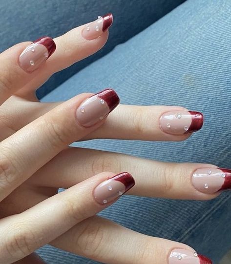 Dark Red Nails With Gems, Nails With Red Tips, Red Nails With Gems, Nails With Red, Red And White Nails, Girls Nail Designs, Red Tips, Dark Red Nails, Maroon Nails