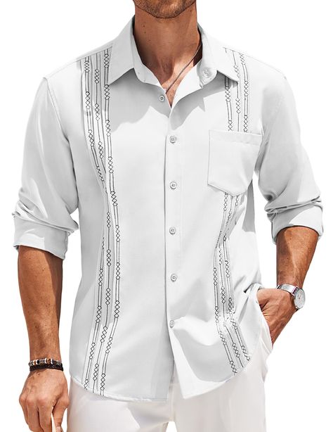 PRICES MAY VARY. 65% Polyester, 30% Rayon, 5% Spandex Imported Button closure Machine Wash 【Premium Fabric】Guayabera shirt for men made of high-quality materials, soft and breathable, provides a comfortable and relaxed fit, perfect for all-day wear. 【Stylish Design】Men's cuban shirt features long sleeve, spread collar, button down closure, embroidery and left chest pocket. Classic cuban design style makes this product full of fashion. 【Clothing Match】The mexican guayabera button down shirt is pe Mens Guayabera Shirts, Summer Shirts Men, Button Shirts Men, Cuban Shirts, Smart Casual Wardrobe, Guayabera Shirt, Vintage Patchwork, Button Down Shirt Mens, Tops Long Sleeve