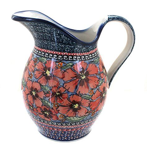 Polish Pottery Jungle Flower Pitcher * For more information, visit image link. (This is an affiliate link) #bakeandservesets Clay Pitcher, Ceramic Bakeware Set, Jungle Flowers, Pottery Store, Fresh Lemonade, Drinkware Sets, Polish Stoneware, Pitcher Set, Kids Vanity