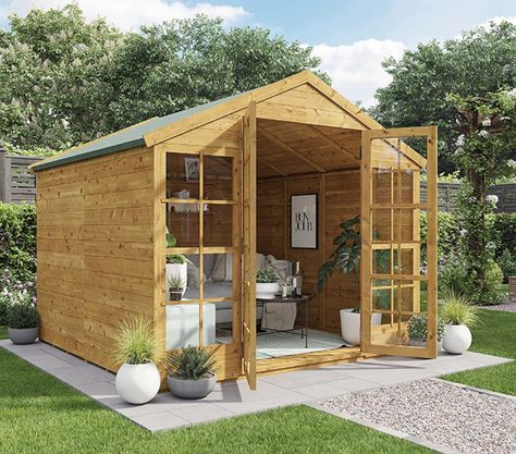 BillyOh Summerhouse Log Cabin 8 x 8 Wooden Garden Storage Shed Summer House Harper Apex Summerhouses (Pressure Treated, 8x8) #logcabins #summerhouse #gardenstyleideas #gardenideas #shed #shedideas Garden Summer House, Building A Shed Base, Wooden Garden Storage, Summer House Interiors, Apex Design, Tongue And Groove Walls, Apex Roof, Shed Interior, Summer House Garden