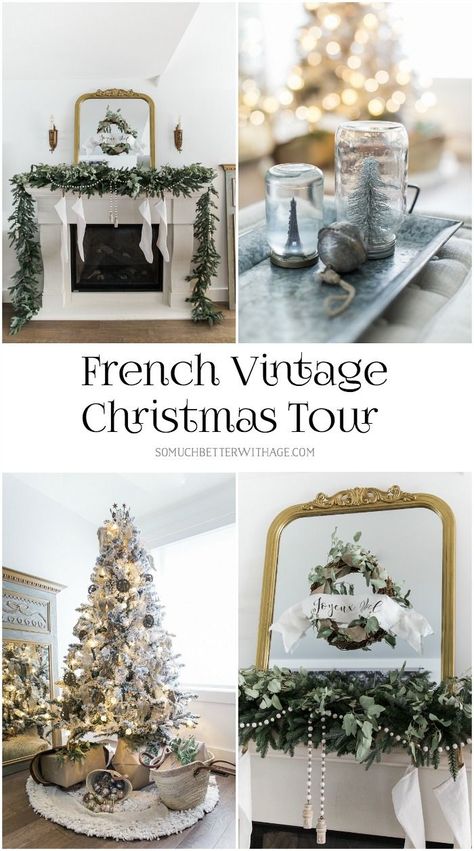 Vintage Christmas Living Room, Jeweled Ornaments, Mantel Christmas, Christmas Tree Silhouette, Flocked Tree, French Country Christmas, French Country Living, Christmas Living Room, French Country Living Room