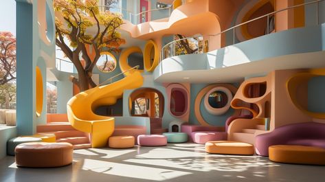 Step into the future of education with this extraordinary Kindergarten interior design! This space is a visionary playground for children, where minimalist elements and a vibrant color palette come together in perfect harmony, creating an environment that sparks curiosity and imagination. #architecture #architect #amazingarchitecture #design #interiordesign #interiordesigner #decor #homedecor #home #house #luxury #diy #travel #amazing #photography #realestate #casa #arquitecto #arquitectura #ai Kindergarten Interior Design, Clay Architecture, Kid Playground, Rich House, Minimalist Elements, Kindergarten Interior, Puppy Room, Play School, House Luxury