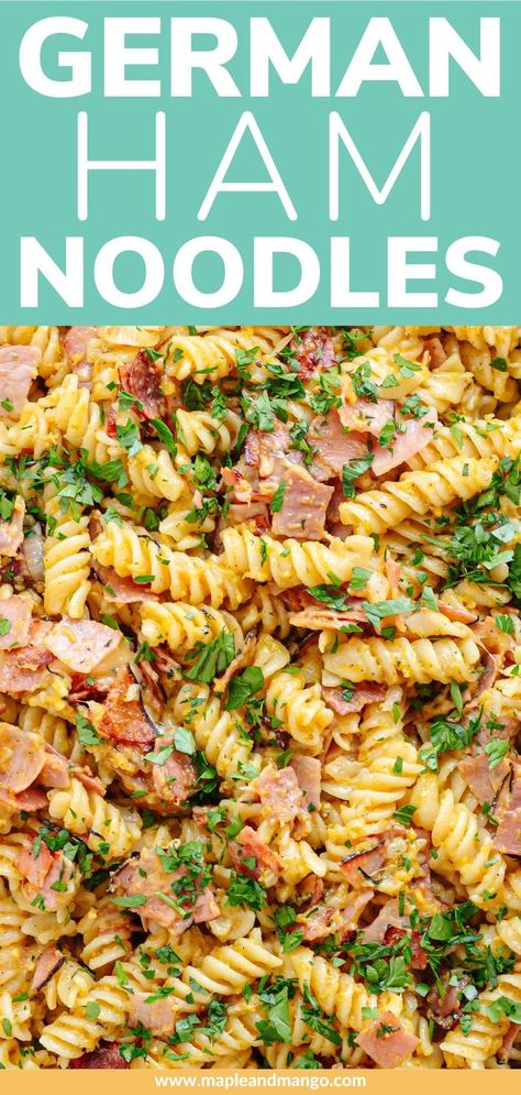 Schinkennudeln (aka German Ham and Egg Pasta) is a simple German pasta dish featuring pan-fried noodles with ham and scrambled eggs. A quick and easy dinner that the whole family will love - ready in under 30 minutes! Add this simple skillet meal to your easy weeknight dinner ideas! It's also the perfect ham leftover recipe (or to use up leftover cooked pasta!). | www.mapleandmango.com German Lunch Ideas, Swabian Egg Noodles Recipes, Spam Pasta Recipes, Ham And Noodles Recipes, Dinner Recipes With Ham, Meals With Ham, Dinner With Ham, Ham Noodles, Ham Dinner Ideas