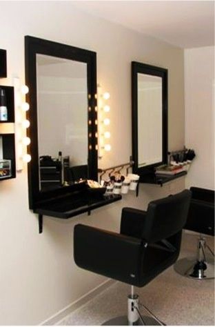 Hair Salon Ideas for those looking for something new. Salon Mirrors Station, Salon Shelf Ideas, Hair Dressing Salon Ideas, Small Hair Salon, Simple Vanity, Bar Makeup, Dream Salon, Home Hair Salons, Makeup Counter