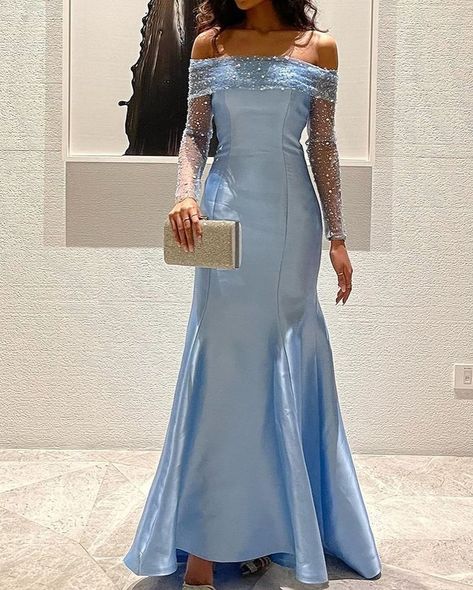 Prom Gown Elegant, Powder Blue Gown, Prom Dress With Sleeves, Crystal Prom Dress, Satin Evening Dresses, Evening Dress Floor Length, Long Sleeve Prom, Sequin Evening Dresses, Night Dress For Women