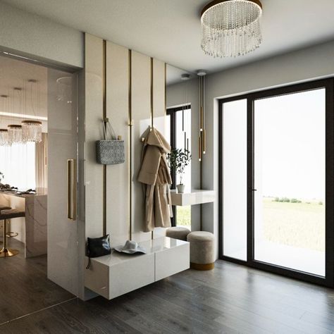 very airy and pleasant luxury entrance hall with a mirror, storage space and a hanger Entrance Hall Divider, Hanger Entrance Hall, Luxury Entrance Hall, Entryway Coat Hanger, Jacket Storage, Luxury Entrance, Mirror Storage, Entrance Design, Home Entrance Decor