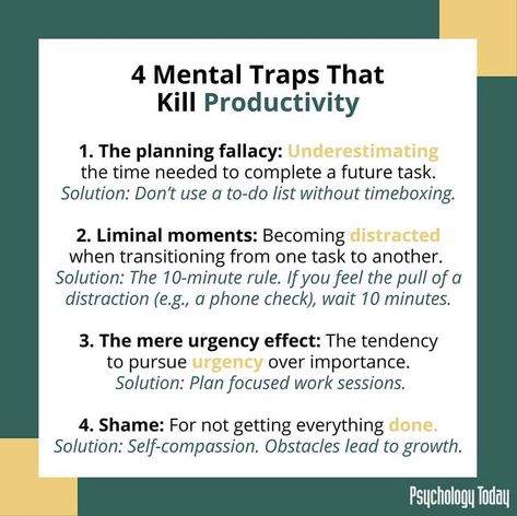 ✨4 Mental Traps That Kill Productivity✨ - #mindfulness #psychology #mentalhealthawareness #wellness #health #mentalhealthmatters #meditation #mentalhealth #mindset #productivity Nir Eyal, Productivity Motivation, Psychology Today, Mental Health Matters, Self Compassion, Multi Tasking, Mental Health Awareness, Time Management, Self Help