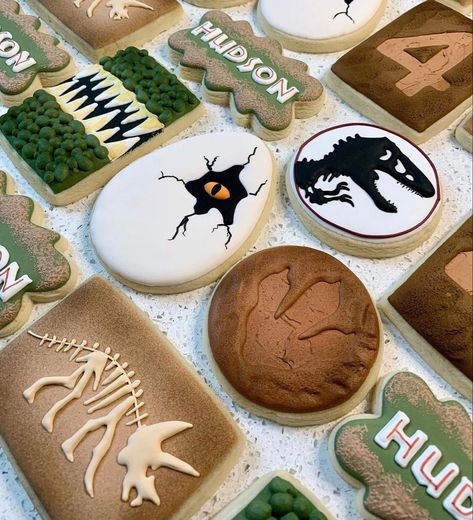 Dinosaur Cake Pops, Cookie Techniques, Jurassic Park Birthday Party, Cookie Board, Jurassic Park Birthday, Royal Iced Cookies, Dinosaur Birthday Cakes, Dinosaur Cookies, Fancy Cupcakes