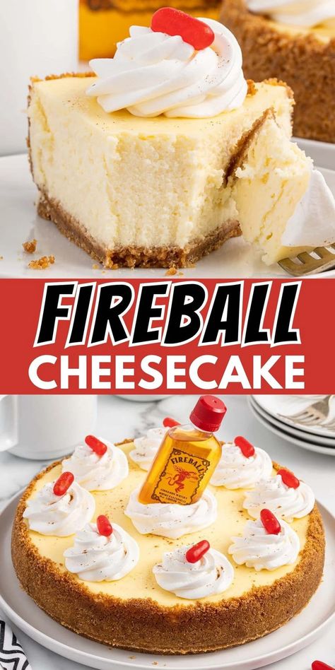 Deserts With Liquor, Fireball Food Recipes, Fireball Cheesecake Shots, Alcohol Cheesecake Recipes, Recipes With Fireball Whiskey, Booze Cheesecake, Fireball Dessert Recipes, Fireball Recipes Food, Fireball Recipes Desserts