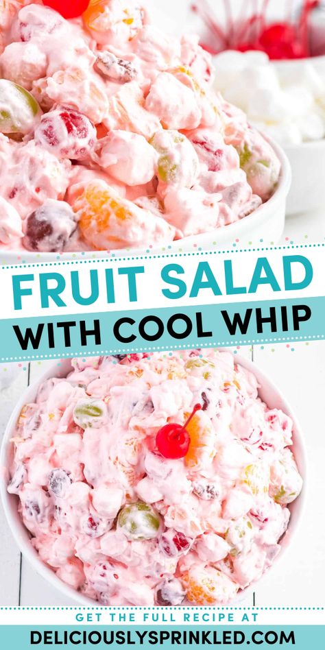 A perfect spring salad idea! This spring side dish recipe is as easy as dump and mix. Tossed in Cool Whip with marshmallows and pecans, this fruit salad for parties is sweet and creamy with a little crunch! Fruit Salad With Cool Whip, Fruit Delight, Easy Fruit Salad, Fluff Salad Recipes, Easy Fruit Salad Recipes, Cookout Sides, Cookout Side Dishes, Fluff Desserts, Fruit Salad Easy