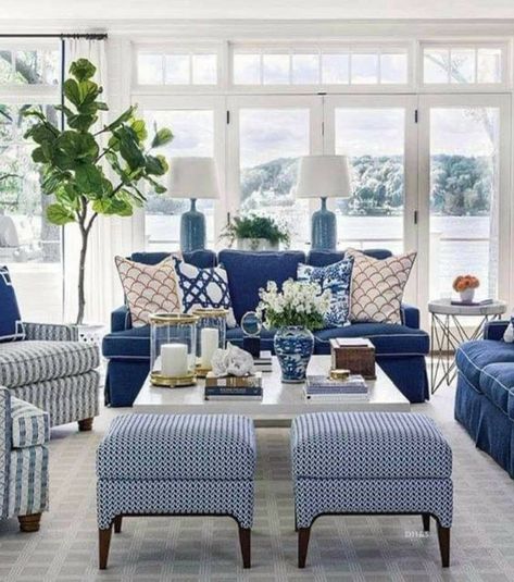 Blue White Living Room Modern, Upholstered Stools Living Room, Blue Chinoiserie Living Room, Southern Coastal Interior Design, High End Coastal Interiors, Coastal Living Rooms Paintings & Prints, Blue Family Room Ideas, Blue And White Interior Design, Blue Living Rooms