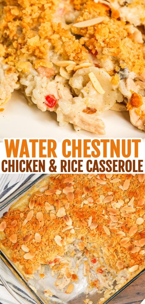 Water Chestnut Chicken and Rice Casserole is a hearty chicken casserole loaded with shredded rotisserie chicken, water chestnuts, almonds, pimentos and instant rice all topped with a buttery Ritz cracker crumb topping. Chicken And Wild Rice Casserole With Pimentos, Chicken Broccoli Water Chestnut Casserole, Chicken Water Chestnut Casserole Recipes, Chicken And Rice Casserole With Slivered Almonds, Water Chestnut Chicken Casserole, Chicken Casserole Water Chestnuts Rice, Rocky Top Casserole, Chicken Water Chestnut Casserole, Chicken Water Chestnuts Casserole