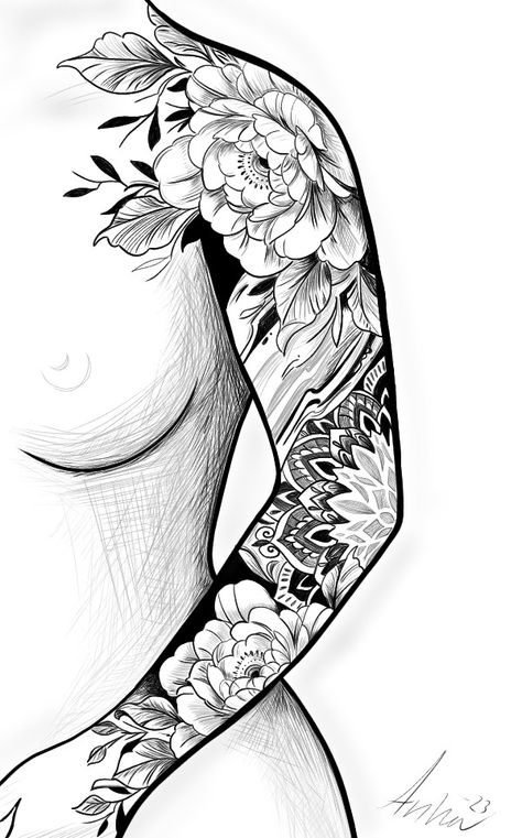 Art tattoo inspiration, sleeve with flowers and mandala Floral Half Sleeve Tattoo Upper Arm Butterfly, Sleeve Tattoos For Women Drawing, Mandala And Flower Sleeve, Flower Theme Tattoo Sleeve, Mandala Tattoo Arm Sleeve, Rose Garden Tattoo Sleeve, Lotus Flower And Mandala Tattoo, Womens Mandala Sleeve Tattoo, Aztec Sleeve Tattoo Women