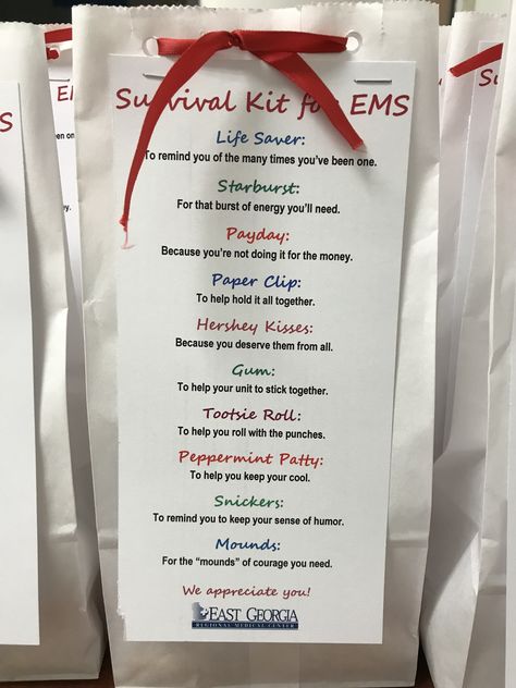 Goody bags for EMS Employee Appreciation Goody Bags, First Responder Appreciation Bags, Ems Week Gift Ideas Diy, Ems Gift Ideas, First Responders Appreciation Gifts, Paramedic Gift Ideas, Ems Appreciation Week Gift Ideas, Ems Week Ideas, Emt Gift Ideas