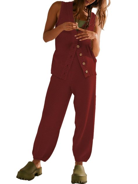 PRICES MAY VARY. Material: The ribbed knit set is made of 70% Viscose, 30% Nylon. With soft fabric, stretchy and skin-friendly, comfortable to wear, and perfect for all seasons. Unique Design: v neck lounge sets, sleeveless lounge wear set, ribbed knit set, button front jogger set, high waist pants set, wide leg matching sets, elastic waist sweatsuit set. Matching Style: You can match this comfy set with sneakers, mules, sandals, slippers for a laid back, adding outer or inner wear for a stylish Lounge Wear Work From Home, First Trimester Fashion, Matching Sweat Set, Matching Lounge Set, Thanksgiving Clothes, Aesthetic Fit, Lounge Wear Set, Mules Sandals, Comfy Sets