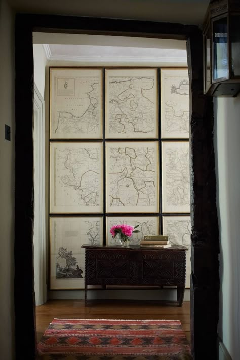 Map On Wall, Pictures On Wall, Hanging Pictures On The Wall, Decorating With Maps, House And Garden, London House, Hall Decor, Framed Maps, Hallway Furniture