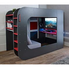 Gaming Bedroom Ideas, Bed Closet, Gaming Bed, Gaming Bedroom, Gamer Bedroom, High Sleeper Bed, High Sleeper, Bed In Closet Aesthetic, Closet Aesthetic