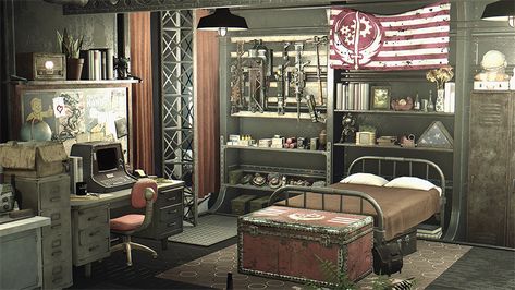 This bedroom shows the futuristic room that is in a post nuclear apocalypse. The room is very brown and rustic. Their is a mix of future technology but there is also a lot of rusted pieces of the past. Apocalypse House, Fallout Settlement, Futuristic Room, Fallout 4 Settlement Ideas, 60s Interior, Interior Brick, Flat Decor, Video Game Room Design, Grunge Room