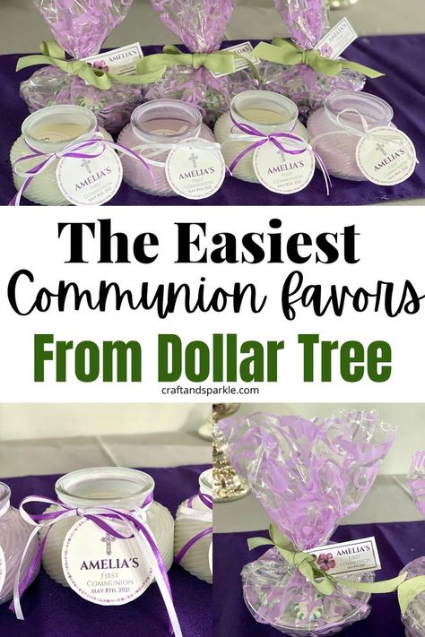 Throwing a First Communion party for your child? Here are quick and easy communion favors you can put together from Dollar Tree. These DIY communion party ideas are inexpensive and great for boys or girls. Communion Ideas Girl, Communion Desserts, Communion Party Ideas, Communion Centerpieces, Communion Party Favors, Recuerdos Primera Comunion Ideas, Baptism Party Favors, Communion Table, Confirmation Party