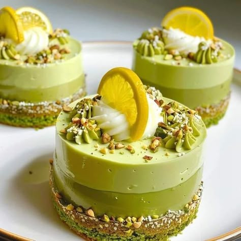 Lemon Mousse Cake Recipe, Sphere Desserts, Avocado Mousse Cake, Pistachio Lemon Cake, Pistachio Cheesecake Recipe, Pistachio Mousse, Lemon Mousse Cake, Lemon Macaroons, Mini Mousse