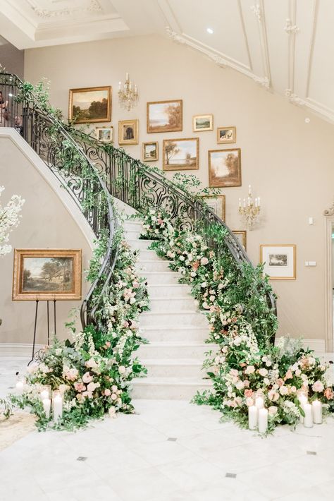 NJ Wedding Photographer Park Chateau | Jennifer Larsen Photography Wedding Staircase Decoration, Evening Wedding Ceremony, Wedding Stairs, Wedding Staircase, Stair Banister, White Pillar Candles, Staircase Decor, Hydrangeas Wedding, Stair Decor