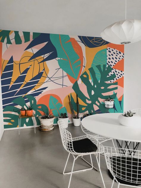 Tropical Floral Removable Vinyl Mural / Peel and Stick | Etsy Australia Tropical Leaf Mural, Jungle Mural Wallpaper, Mural Wall Art Exterior, Tropical Mural Painting Outdoor, Modern Floral Mural, Tropical Mural Wallpaper, Easy Wall Murals Floral, Tropical Wall Murals Painted, Colorful Mural Ideas