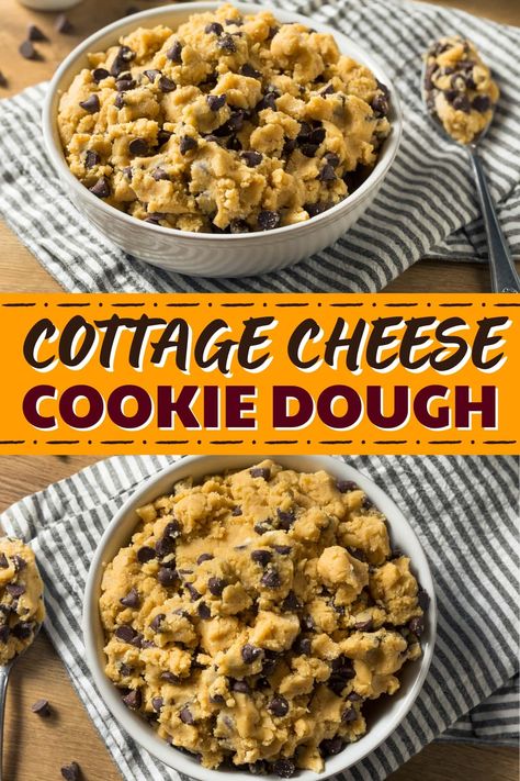 This cottage cheese cookie dough recipe went viral on TikTok! It's made with cottage cheese, maple syrup, chocolate chips, and more! Cottage Cheese Cookie Dough, Cottage Cheese Recipes Healthy, Cheese Desserts, Cottage Cheese Desserts, Cookie Dough Recipe, Bites Recipes, Protein Baking, Cottage Cheese Recipes, Cheese Cookies