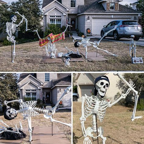 Day 11: Breakdancing Time! Skeleton Themed Halloween Decorations, Diy Skeleton Decorations Outdoor, Skeleton Football Scene, Skeleton Outdoor Decor Ideas, Skeleton Scene Ideas, Skeleton Outdoor Ideas, Skeleton Lawn Ideas, Poseable Skeleton Ideas Outdoor, Possible Skeleton Ideas