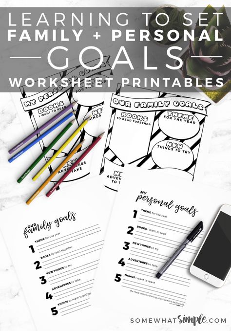 Family + Personal Goals Worksheet Printables | The New Year is a great opportunity to sit down with your family and make some goals together.  These Family Goals and Personal Goals printable worksheets will make the process fun and easy! Family Goal Planning Free Printable, New Years Family Goals, Goal Worksheet Printables, Goal Setting Worksheet Printables, Bible Marriage, Free Goal Printables, Free Family Printables, Life Goal Planner, Goal Ideas