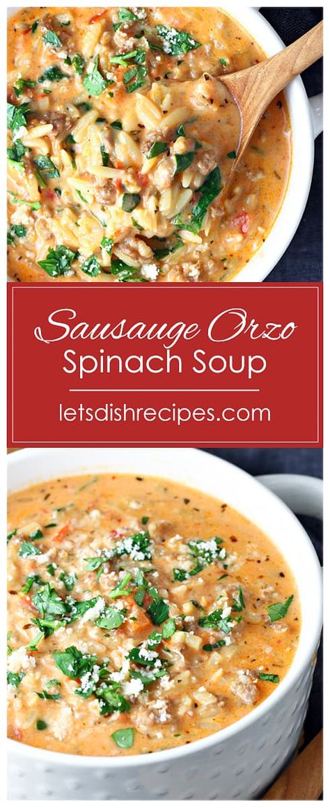 Spinach And Orzo Soup, Italian Spinach Orzo Soup, Orzo Fall Recipes, Sausage Spinach Orzo Soup, Italian Sausage Orzo Soup Recipes, Soup Recipes With Orzo, Easy Orzo Soup Recipes, Healthy Orzo Soup, Orzo Sausage Soup