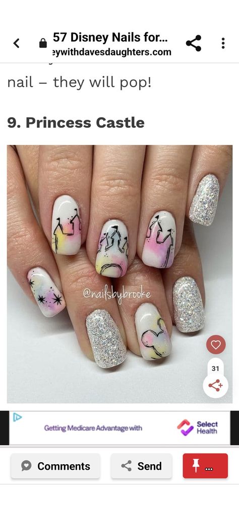 Disney Castle Nail Art, Magic Kingdom Nails, Princess Nails Acrylic, Disney Castle Nails, Disney Themed Nails, Chateau Disney, Disney Princess Nails, Disneyland Nails, Mouse Nails