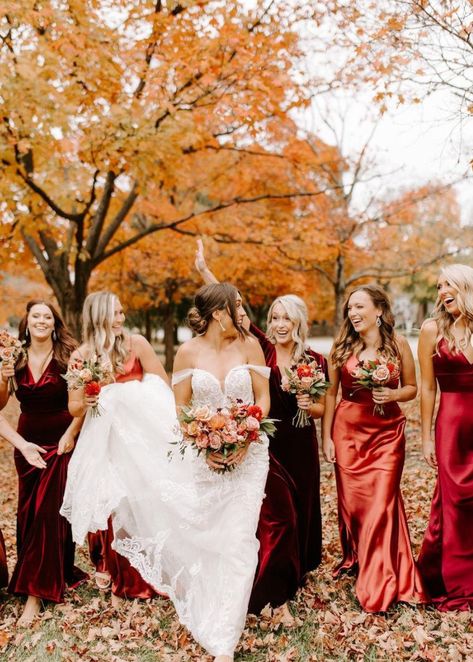 Fall long mismatched bridesmaid dresses for an autumn affair | Beautiful outdoor bridal party wedding photo ideas | Morgan and Spencer's Wedding video at The Otten On Main in Kansas City, Missouri by Moonlit Visuals - Love Stories TV Autumn Bridal Party, Morgan And Spencer, Fall Wedding Bridal Party, Rustic Bridal Party, Wine Color Bridesmaid Dress, 2026 Wedding, Maroon Bridesmaid, Victorian Style Wedding, Wedding October