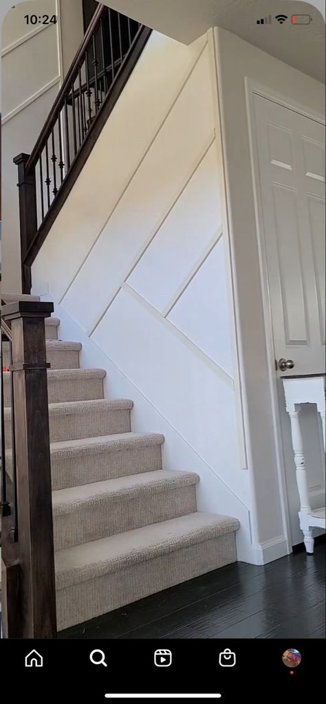 Triangle Stair Wall Decor, 2 Story Staircase Accent Wall, Accent Wall For Stairway, Stairway Upgrade, Tall Staircase Wall Ideas, Accent Wall Staircase, Stairs Feature Wall, Stair Accent Wall, Stair Wall Ideas