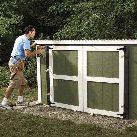 Outdoor Storage Locker: Plans & Materials | Family Handyman Lawn Mower Storage Ideas, Mower Storage Ideas, Lawn Mower Shed, Outdoor Storage Locker, Mower Storage, Small Outdoor Storage, Corrugated Plastic Roofing, Generator Shed, Garage Projects