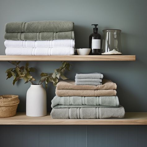 towels folded on a bathroom shelf Shelves For Towels, Towel Shelf Bathroom, Organize Towels, Small Bathroom Shelves, Bathroom Shelves For Towels, Bathroom Shelf Decor, Bath Shelf, Flower House, Towel Shelf