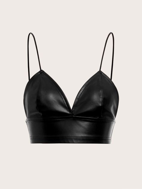 Black Sexy Collar  PU Leather Plain Cami Embellished Non-Stretch  Women Tops, Blouses & Tee Leather Bra Outfit, Black Bra Top Outfit, Black Leather Top Outfit, Leather Crop Top Outfit, Leather Top Outfit, Leather Tops Women, Black Leather Crop Top, Leather Camisole, Black Bra Top