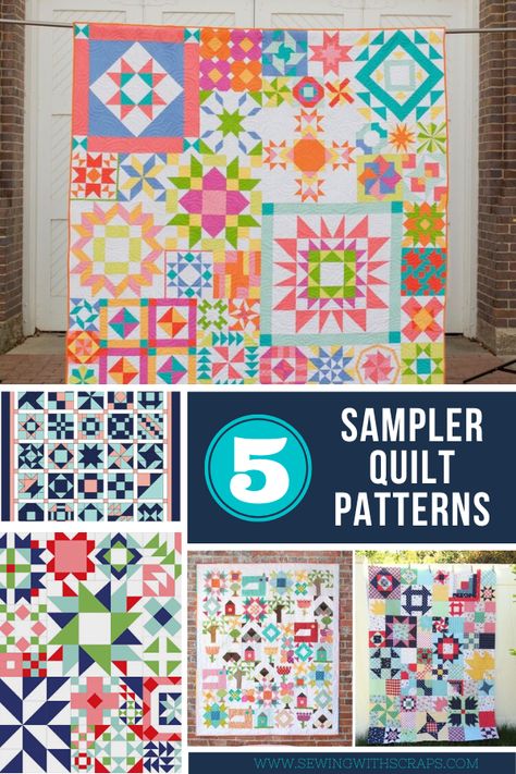 5 Sampler Quilt Patterns - Sewing With Scraps Beginner Sampler Quilt Pattern, Modern Sampler Quilt Patterns, Scrappy Sampler Quilts, Quilt Layouts Templates, Sampler Blocks Free Pattern, Quilt Samplers Free Pattern, Free Sampler Quilt Patterns, Quilt Sampler Blocks, Scrap Quilt Block Patterns