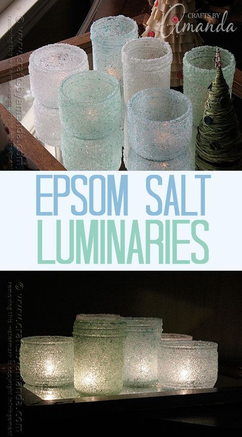 I love these gorgeous epsom salt luminaries! These would be perfect for Christmas, winter, a beachy porch or a wedding even. So beautiful! Oppgaver For Barn, Luminaria Diy, Crafts With Glass Jars, Glass Candles, Deco Nature, Mason Jar Crafts Diy, Glass Bottle Crafts, Jar Diy, Epsom Salt