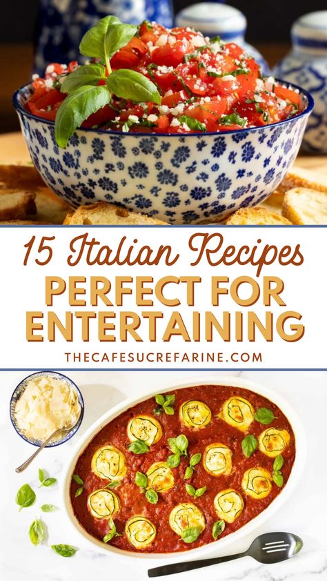 Here are 15 Italian Recipes Perfect for Entertaining in any setting! These recipes are all outrageously delicious, especially when you take into account how easy they are to put together. Guaranteed to please a crowd, these recipes will never let you down, so check out the list and try them out today! Italian Dinner Main Dishes, Italian Make Ahead Recipes, Italian Dinner Ideas For A Crowd, Easy Italian Party Food, Italian Tailgate Food, Italian 4 Course Meal, Make Ahead Meal For A Crowd, Italian Dinner For A Crowd, Pasta For Dinner Party