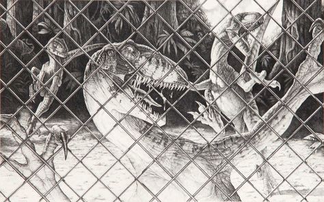 Jurassic Park - Raptors Behind a Fence by IHeartJurassicPark.deviantart.com on @deviantART Velociraptor Jurassic Park, Jurassic Park Novel, Jurassic Park Trilogy, Jurassic Park Raptor, Wild Park, Concept Art Books, Jurassic Park 1993, Cool Dinosaurs, Dinosaur Pictures