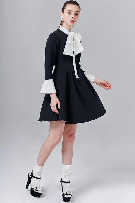 Shailene Contrasting Mini Dress with Ribbon Tie | Oroshe Dress With Bow In Front, Festival Ootd, Socks Heels, Lookbook Shoot, Preppy Dress, Dress Ribbon, Dress With Ribbon, Tie Fashion, Bow Tie Dress