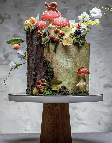 Woodland Theme Cake, Slice Of Birthday Cake, Dinara Kasko, Nature Cake, Mushroom Cake, Cake For Her, Birthday Cake Decorating Ideas, Woodland Cake, Fantasy Cake