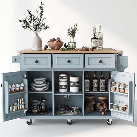 Amazon.com: LUMISOL Kitchen Island with Drop Leaf, Wood Kitchen Island on Wheel with Internal Storage Racks (Gray Blue,53.1" D) : Home & Kitchen Moveable Kitchen Island, Drop Leaf Kitchen Island, Mobile Kitchen Island, Stationary Storage, Countertop Cabinet, Kitchen Island On Wheels, Island Cart, Rolling Kitchen Island, Kitchen Island Cart