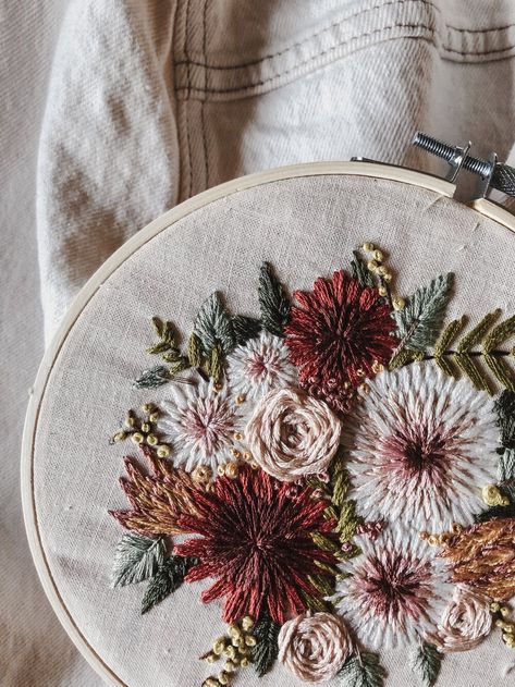 Custom Floral Bouquet Embroidery — sirina law Crochet Cross Stitch, Cross Stitch Tutorial, Pretty Embroidery, Hand Embroidery Patterns Flowers, Stitch Tutorial, Couture Embroidery, Handmade Embroidery Designs, Pola Sulam, Embroidery Flowers Pattern